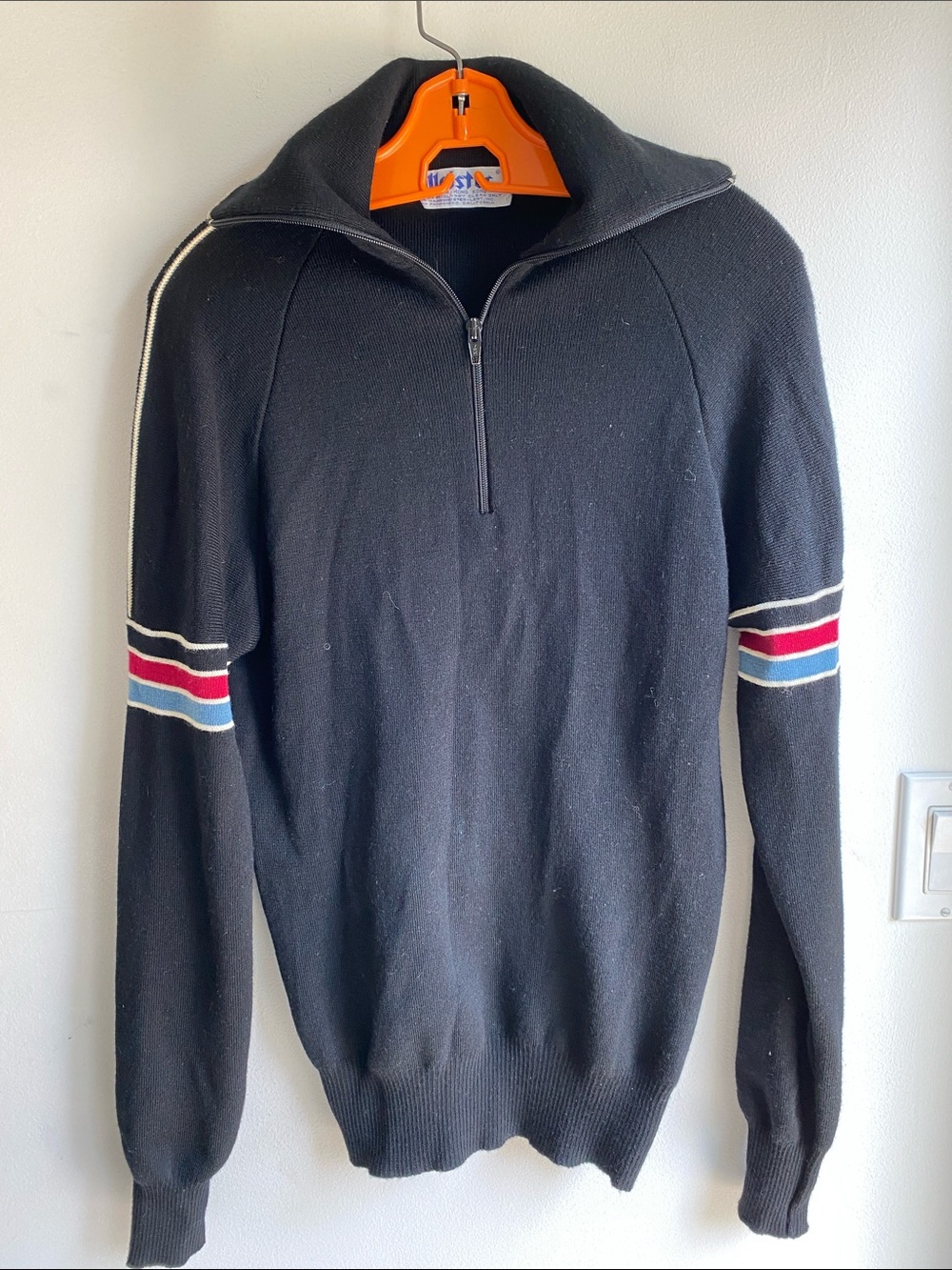 Vtg 70’s Men’s Meister Wool Ski Sweater Hong King Made S/M 1/2 Zip Black